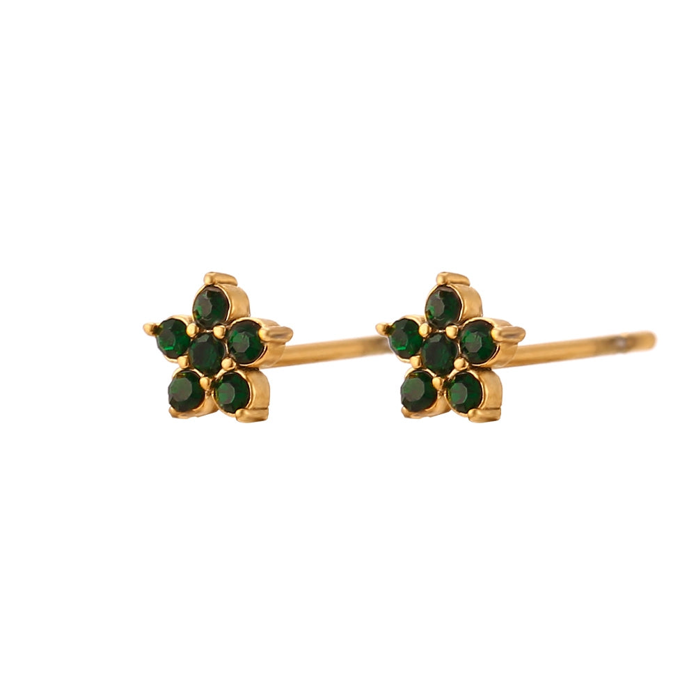 Close up of Flori Green Mini Studs, gold little stud earrings by Mila Online Shop with vivid green detailing and minimalist design.