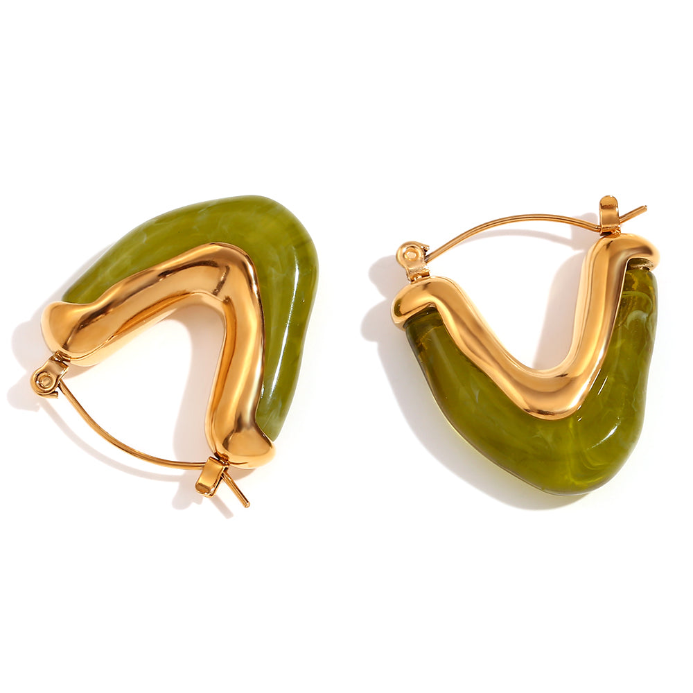 Close-up of vivid green Mia Resin Hoops by Mila Online Shop, featuring organic shape, gold-plated finish, and lightweight resin for a bold yet elegant look.